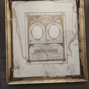 LGE Ornate Antique 1897 Wood Framed Marriage Cert W/ Metal Leaf Victorian Era